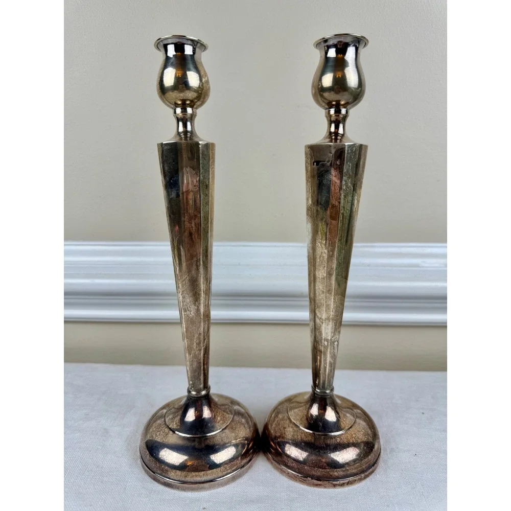 Vintage Sterling Silver Weighted Candlesticks Pair Art Deco Taper 9.5